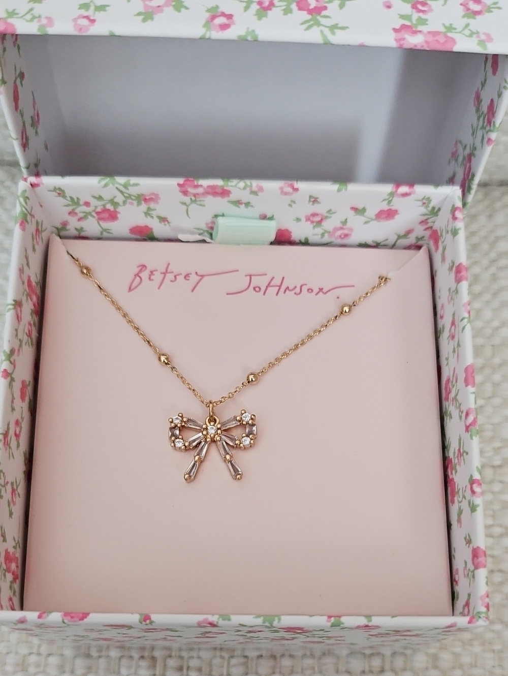 Betsey Johnson Rose Gold Crystal Bow Necklace